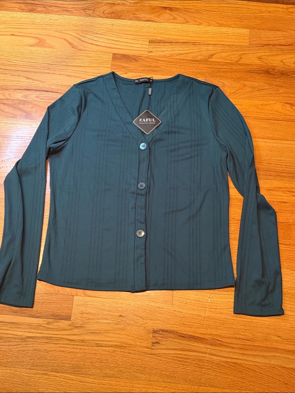Zaful Womens XL DarkTeal Button-Front Ribbed Long Sleeve Cardigan Top Sweater